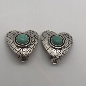 Vintage Silver Tone Heart Clip On Earrings Turquoise Cabochon Etched Design